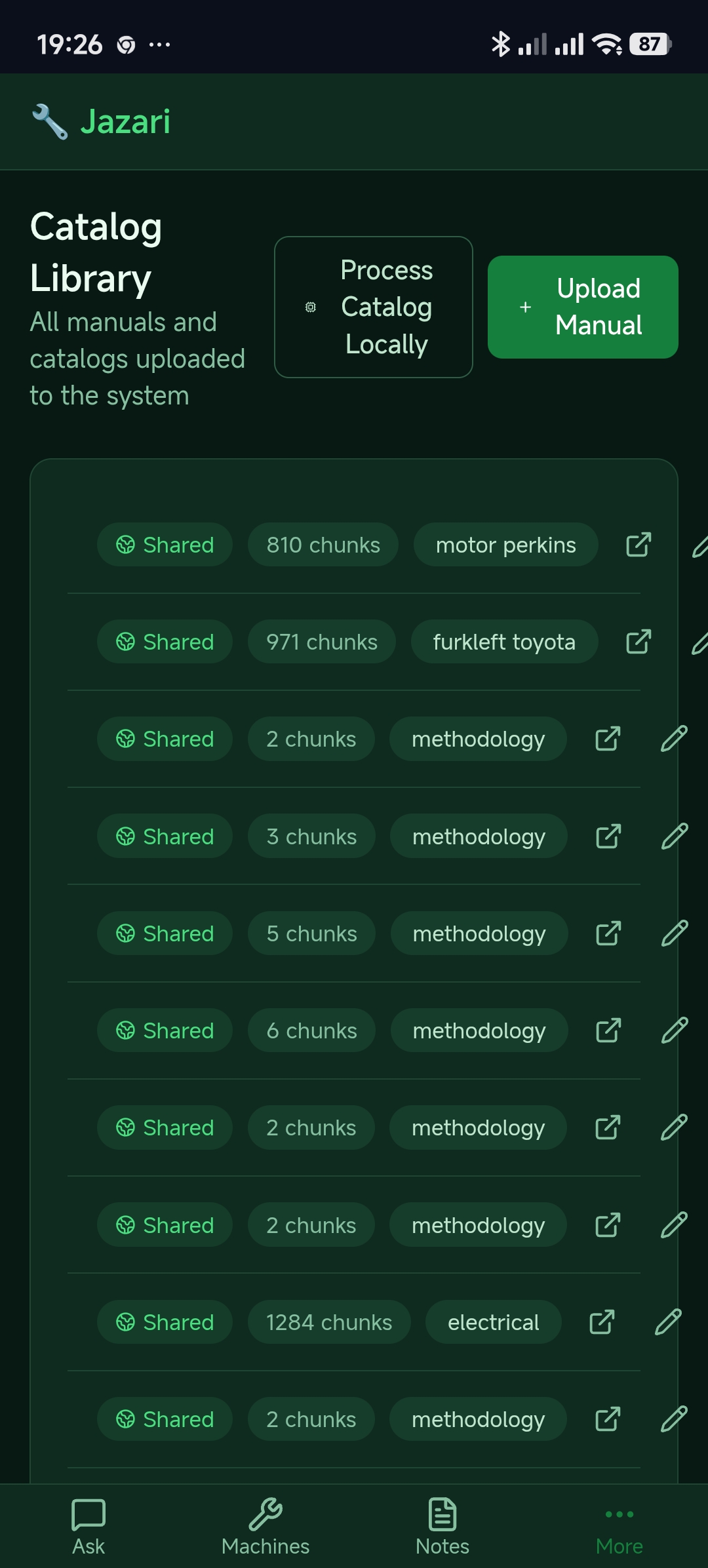 Jazari catalog library showing uploaded manuals and chunk counts