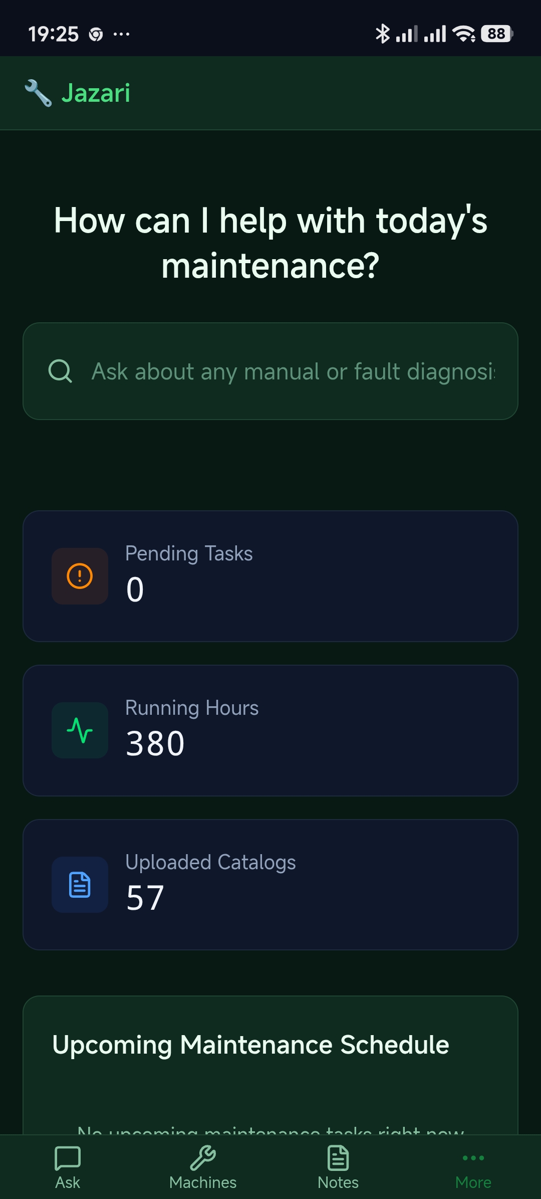 Jazari dashboard showing running hours and uploaded catalogs