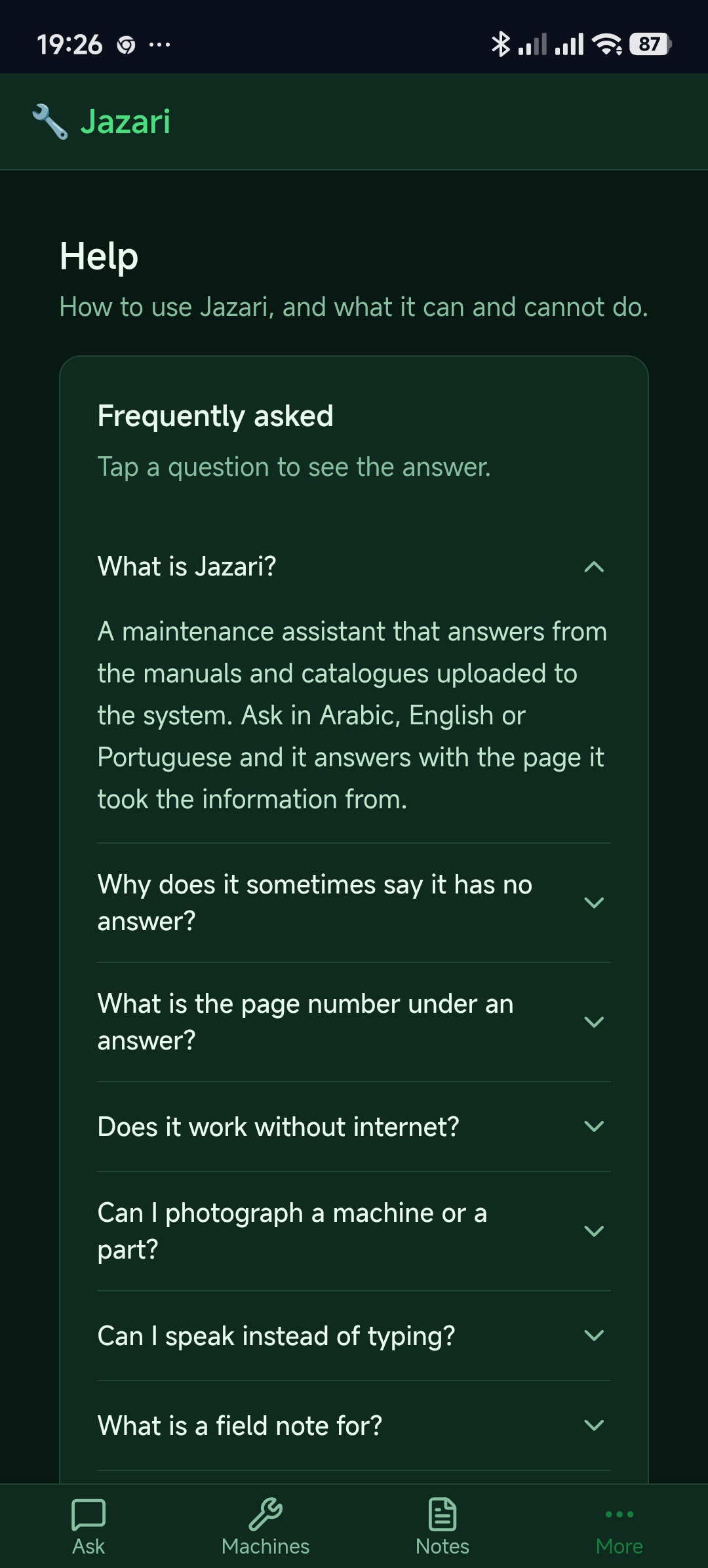 Jazari multilingual help screen answering "What is Jazari?"